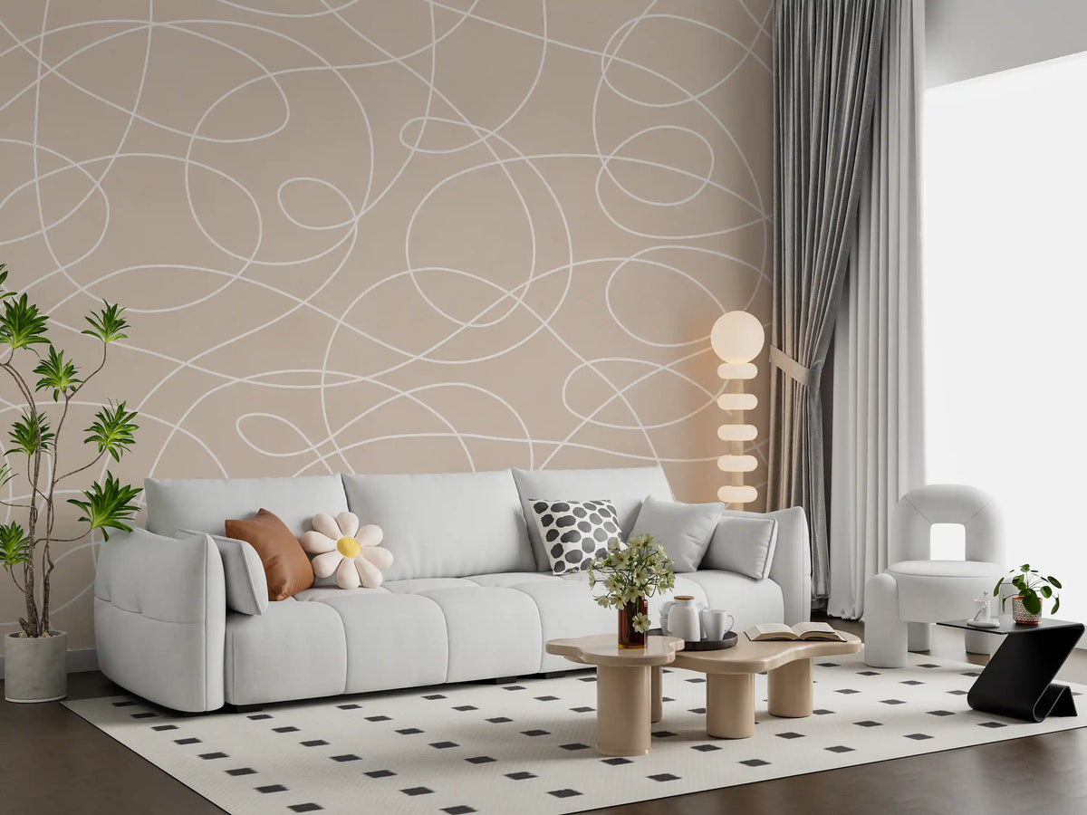 Minimalist white looping line wall mural over a warm beige ground GD11327