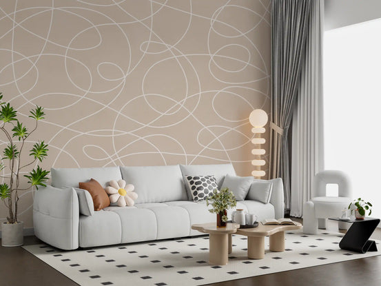 Minimalist white looping line wall mural over a warm beige ground GD11327