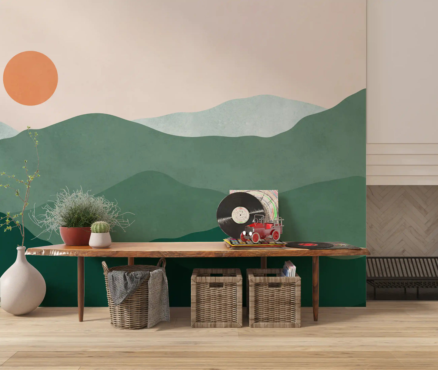 Minimalist Green Mountain Sunset Peaks Wall Mural