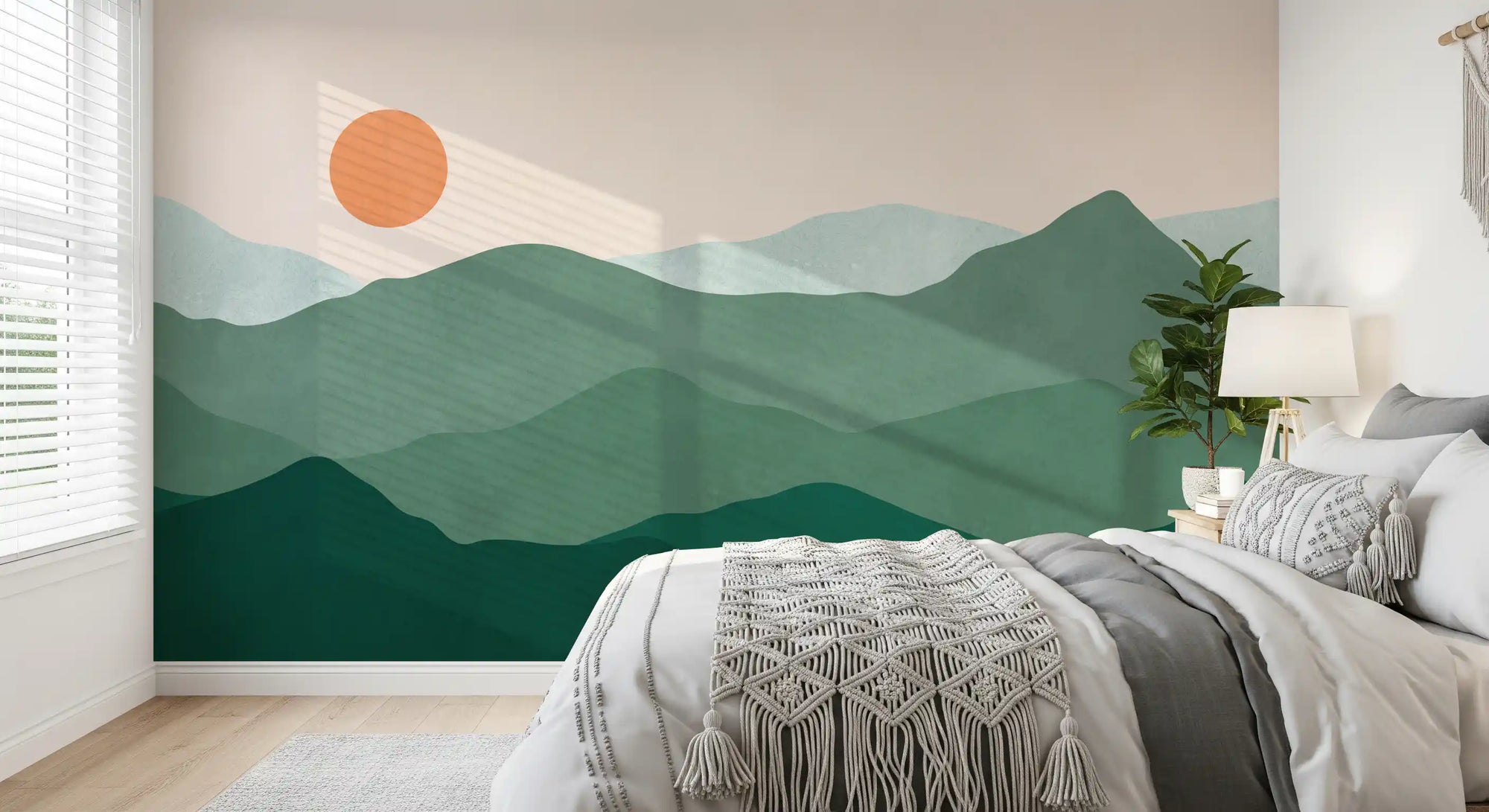 Minimalist green mountain wall mural with a terracotta sun in bedroom GD11332