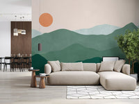Minimalist Green Mountain Sunset Peaks Wall Mural