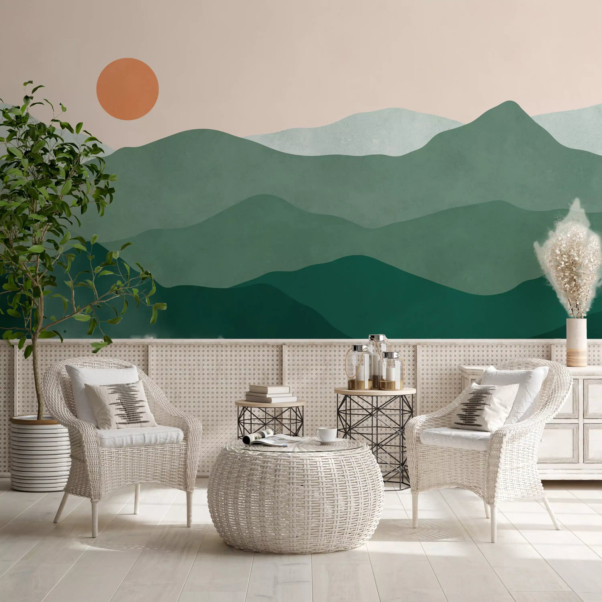Minimalist Green Mountain Sunset Peaks Wall Mural