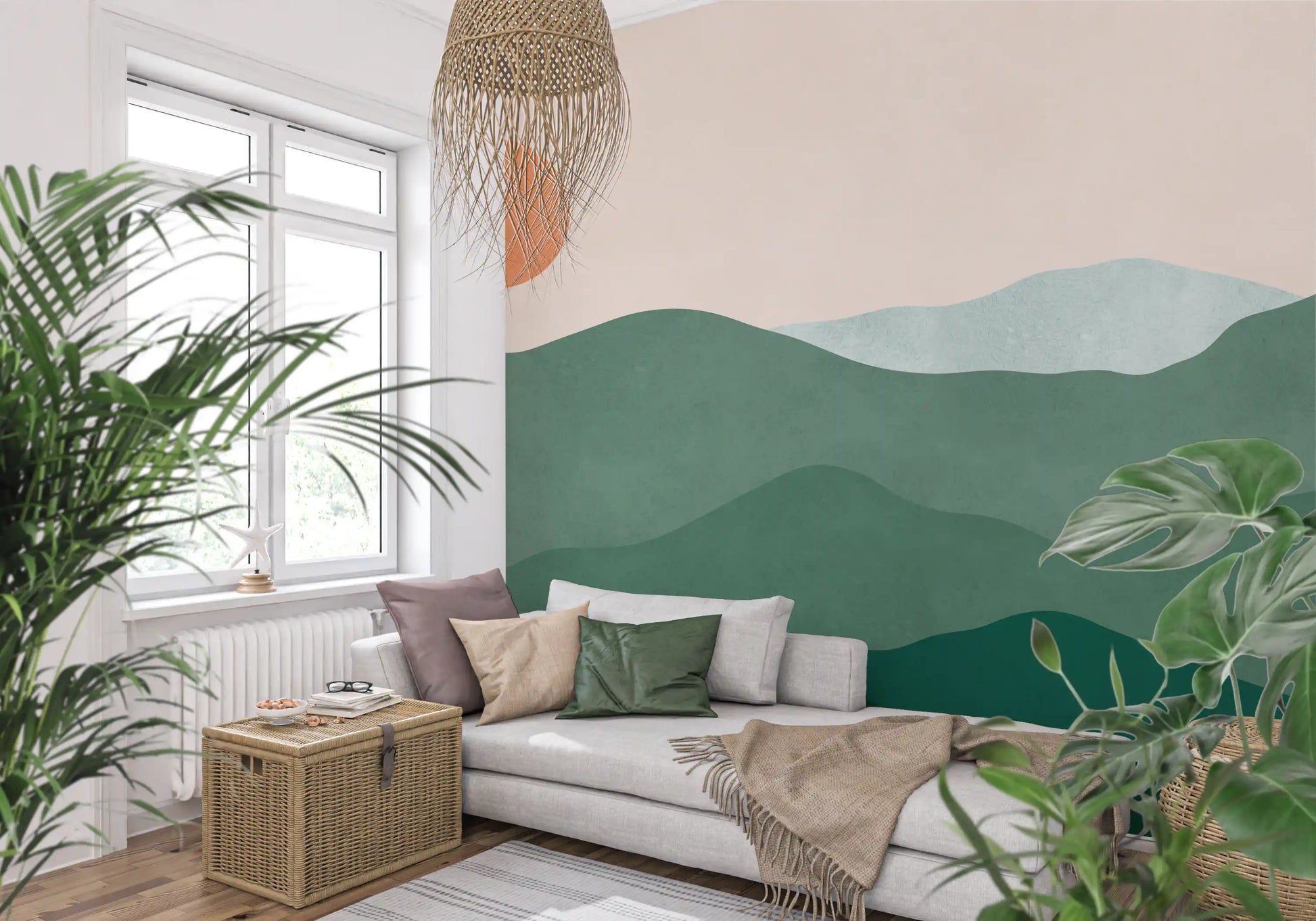 Minimalist Green Mountain Sunset Peaks Wall Mural