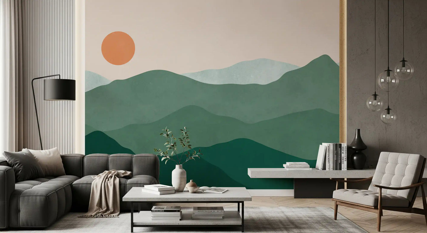 Minimalist Green Mountain Sunset Peaks Wall Mural