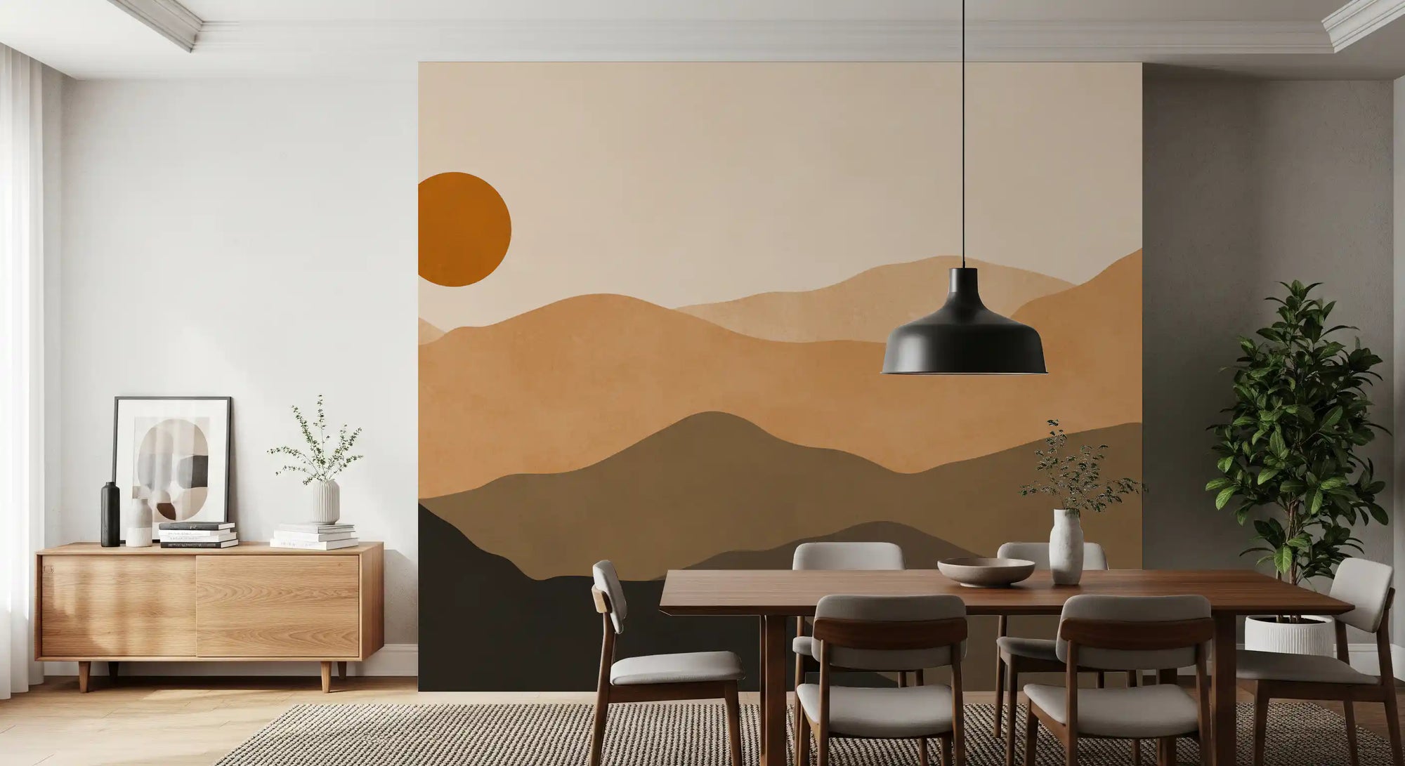 Abstract mountain sunset wall mural in tan and brown with ochre sun GD11333