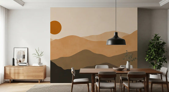 Abstract mountain sunset wall mural in tan and brown with ochre sun GD11333