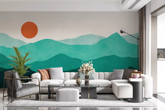 Abstract green mountain peaks wall mural with a burnt orange sun GD11334