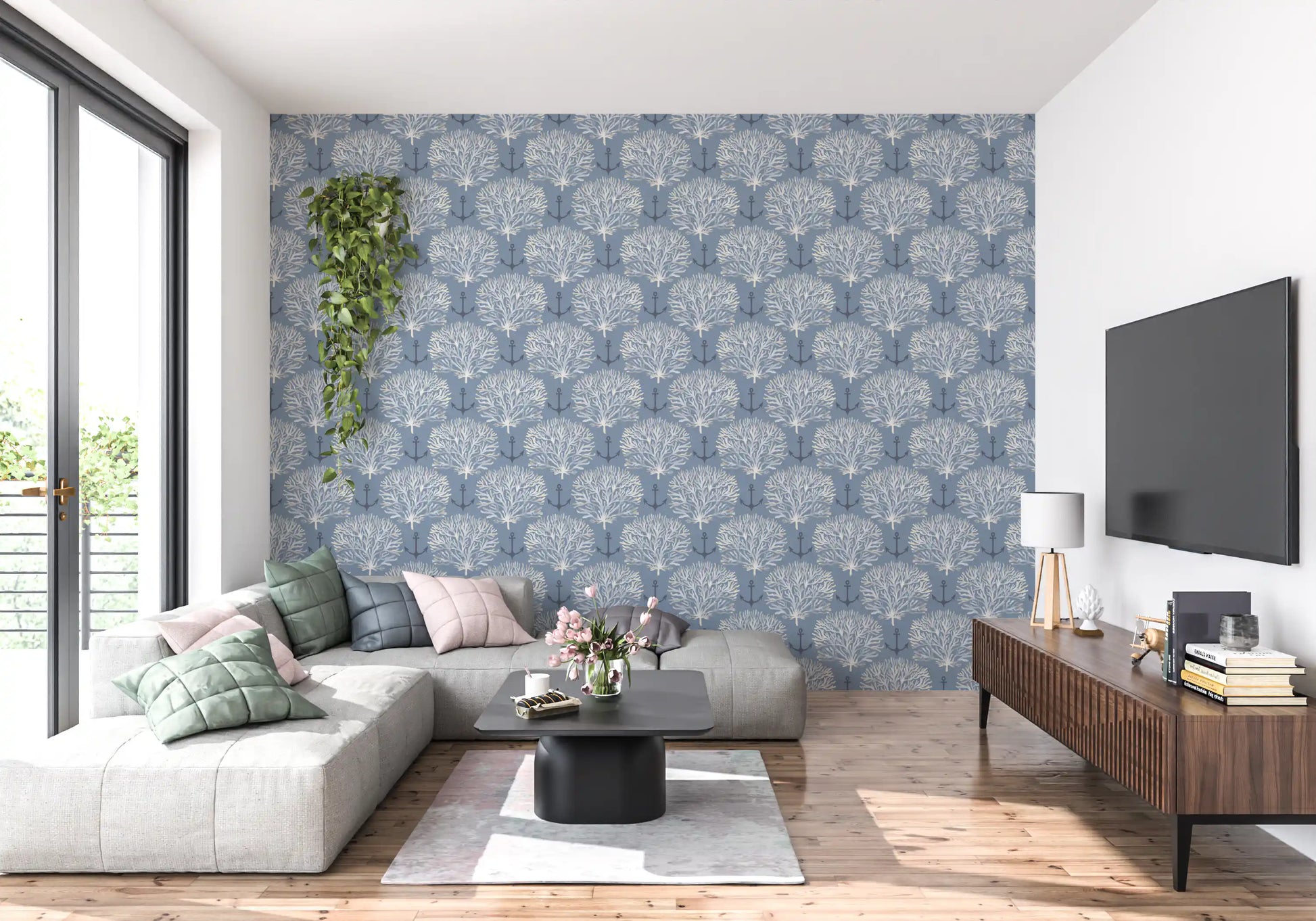 Coastal Marine Coral and Anchor Pattern Wallpaper⁠