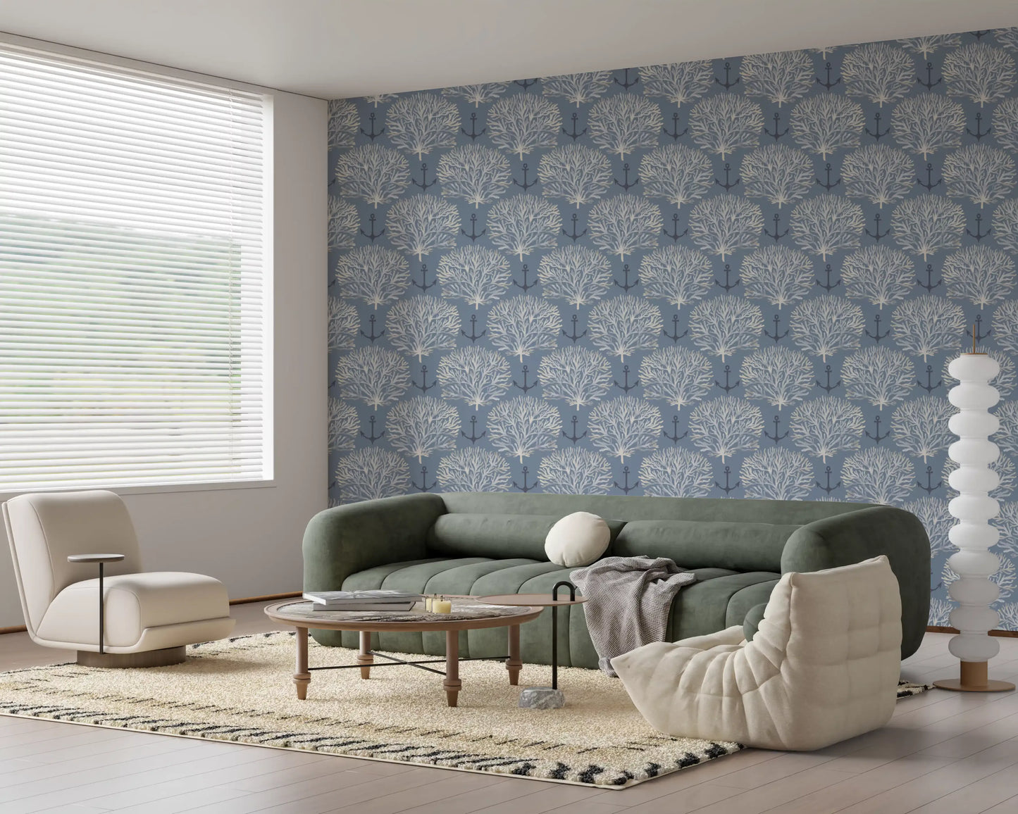 Coastal Marine Coral and Anchor Pattern Wallpaper⁠
