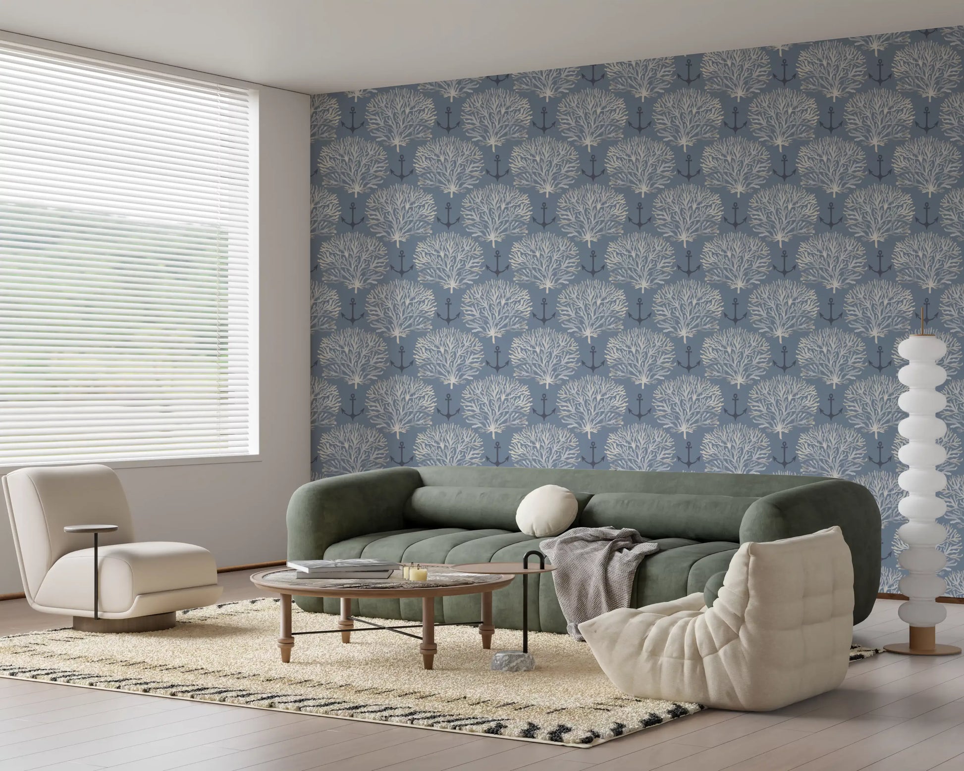 Coastal Marine Coral and Anchor Pattern Wallpaper⁠