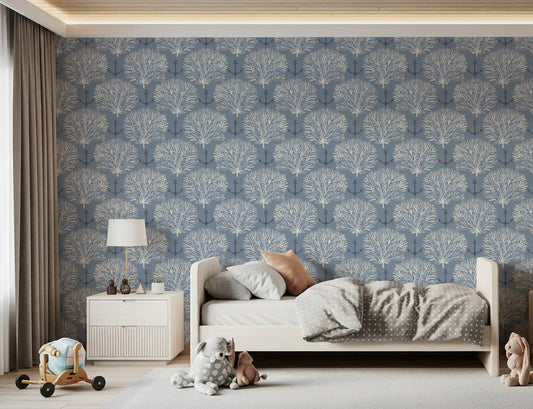 Coastal coral and anchor wallpaper in white and navy on blue-grey GD11335