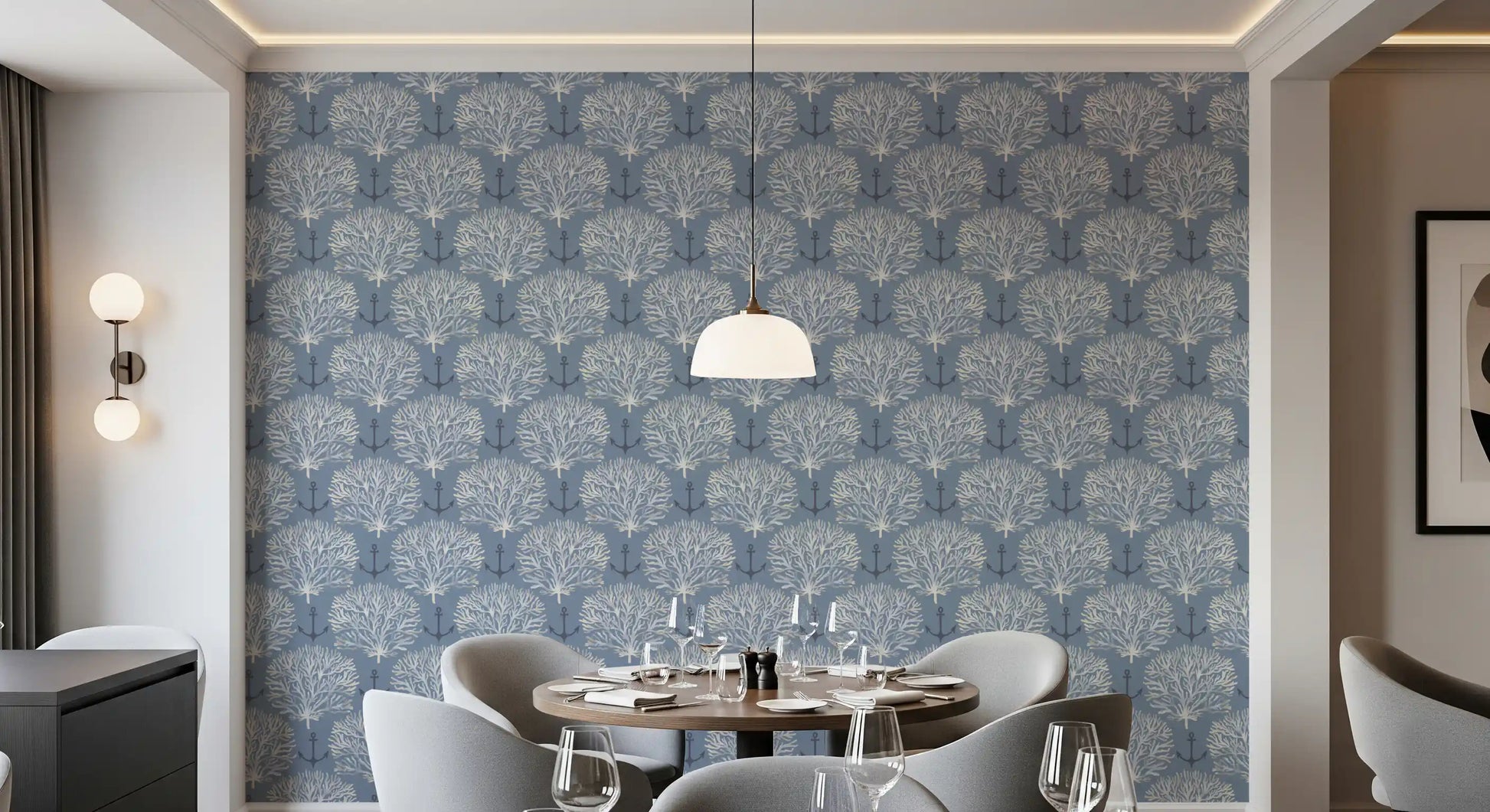 Coastal Marine Coral and Anchor Pattern Wallpaper⁠