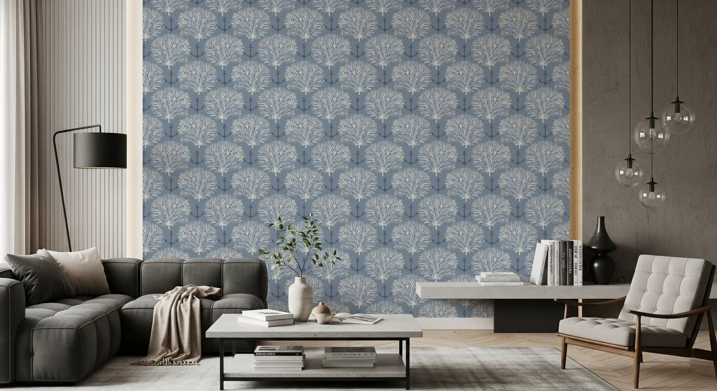 Coastal Marine Coral and Anchor Pattern Wallpaper⁠