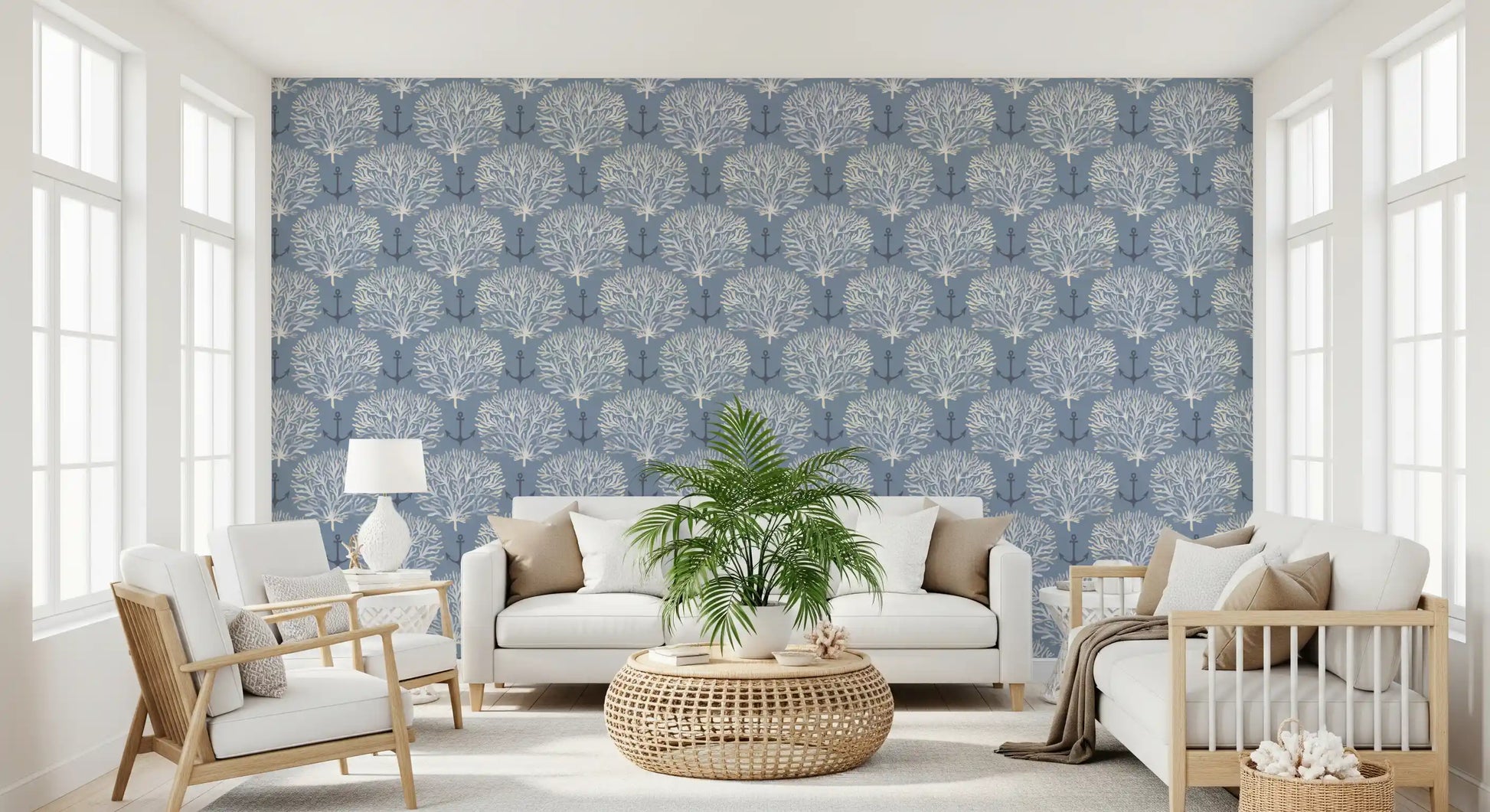 Coastal Marine Coral and Anchor Pattern Wallpaper⁠