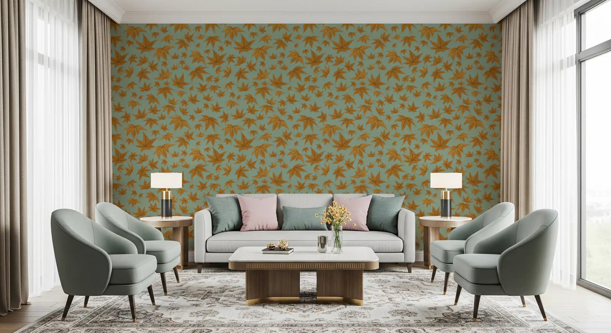 Japanese Maple Leaves - Mustard & Water Wallpaper⁠