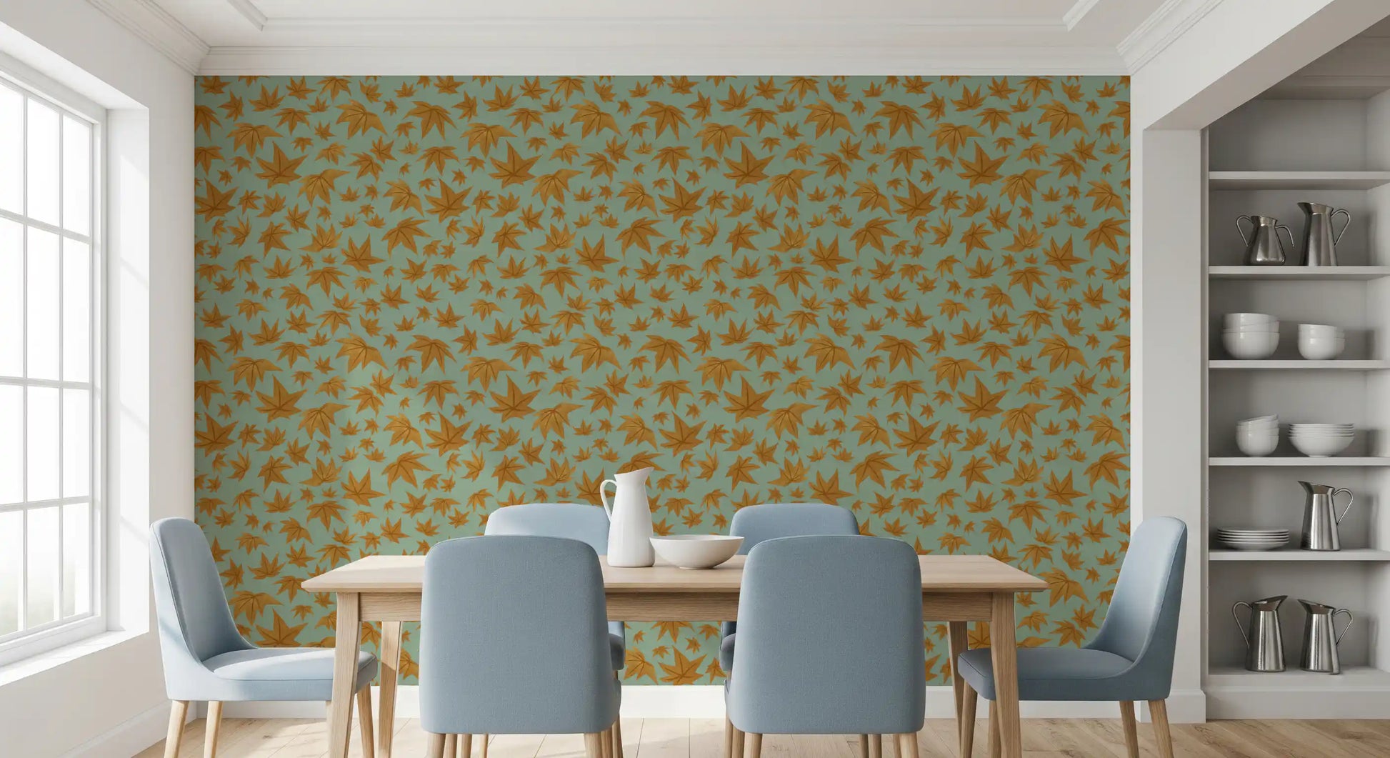 Japanese Maple Leaves - Mustard & Water Wallpaper⁠