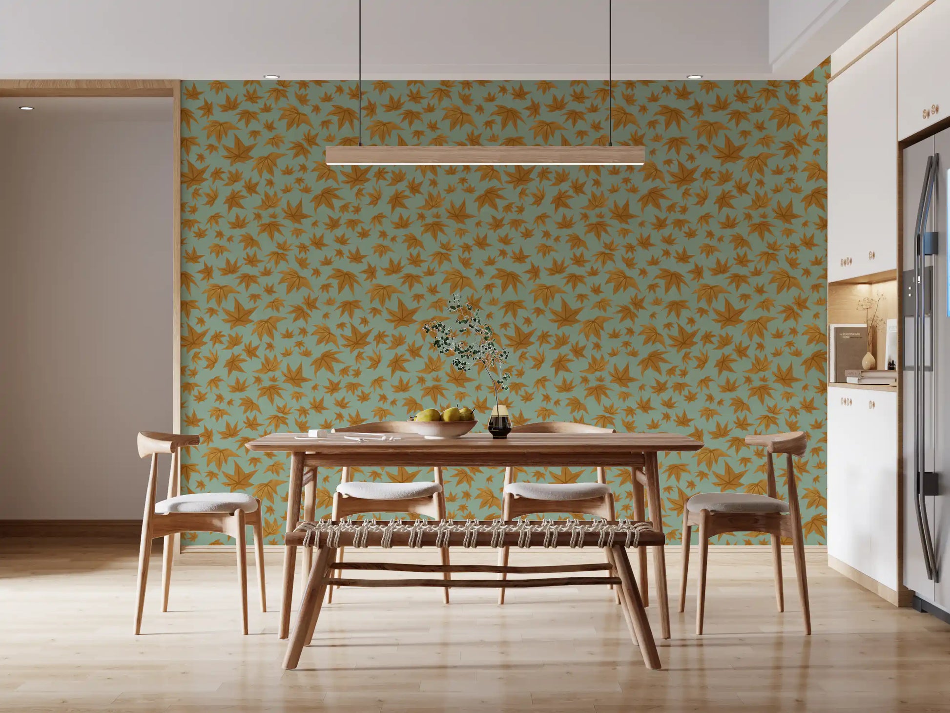 Japanese Maple Leaves - Mustard & Water Wallpaper⁠