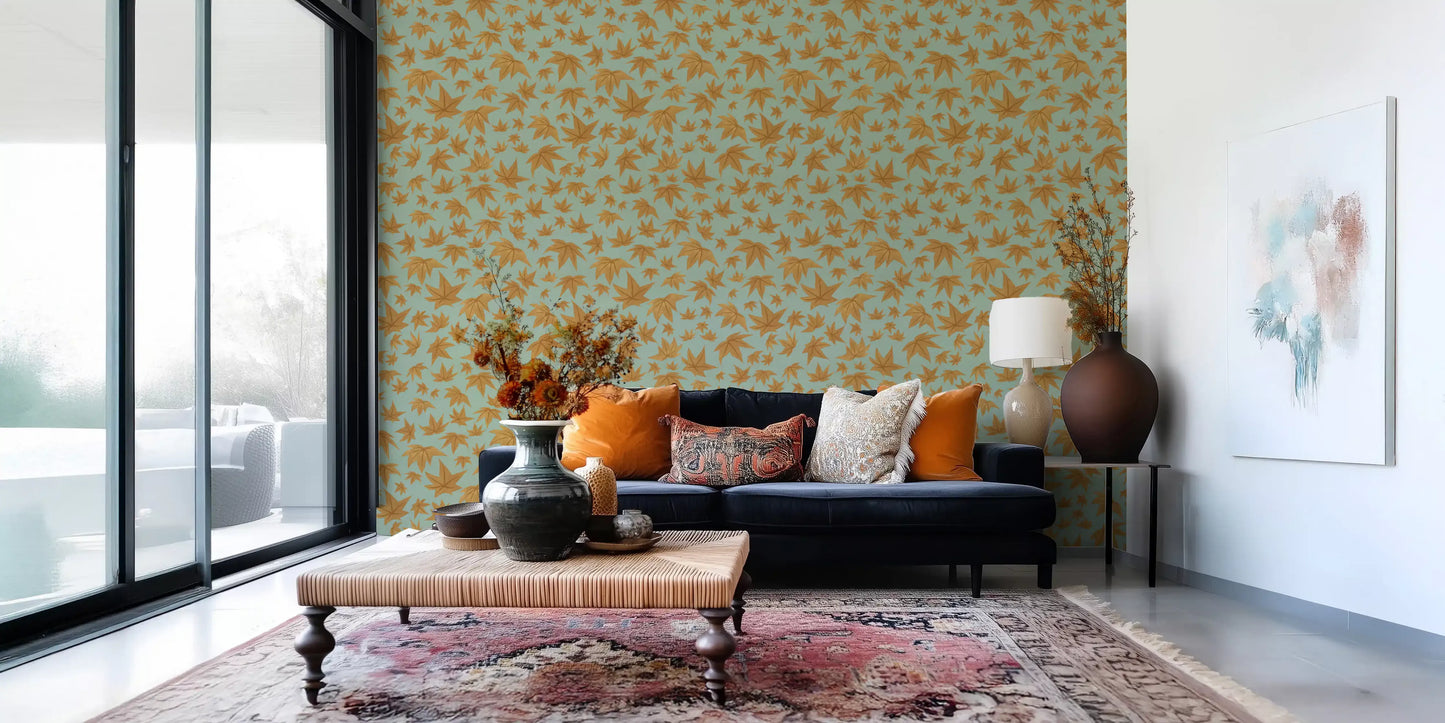 Japanese Maple Leaves - Mustard & Water Wallpaper⁠