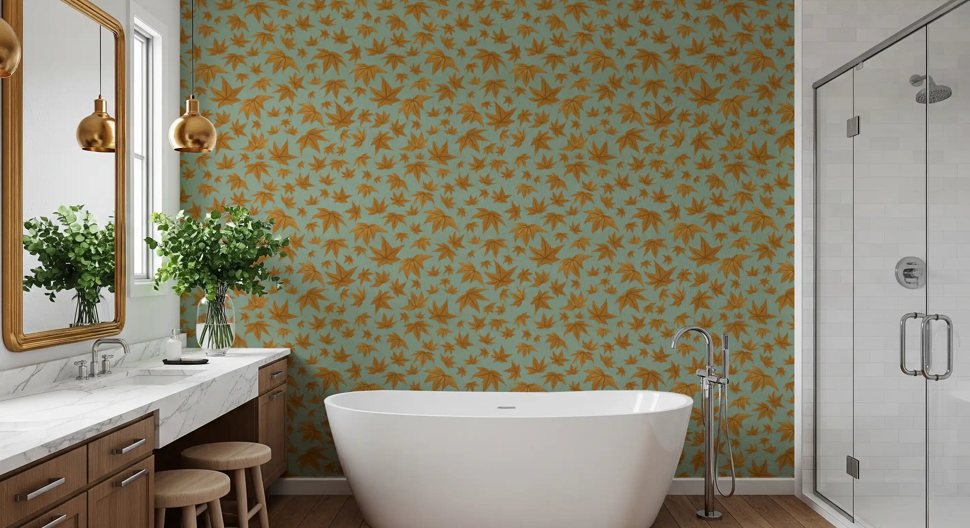 Japanese Maple Leaves - Mustard & Water Wallpaper⁠