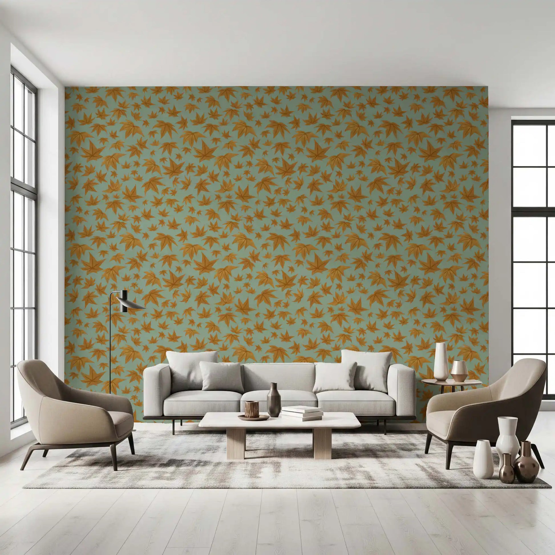 Japanese Maple Leaves - Mustard & Water Wallpaper⁠