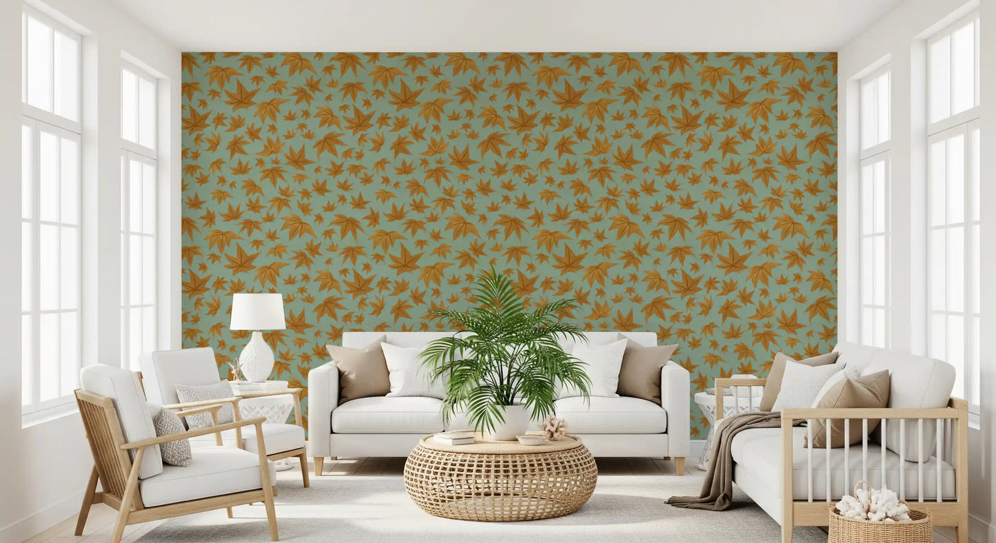 Japanese Maple Leaves - Mustard & Water Wallpaper⁠