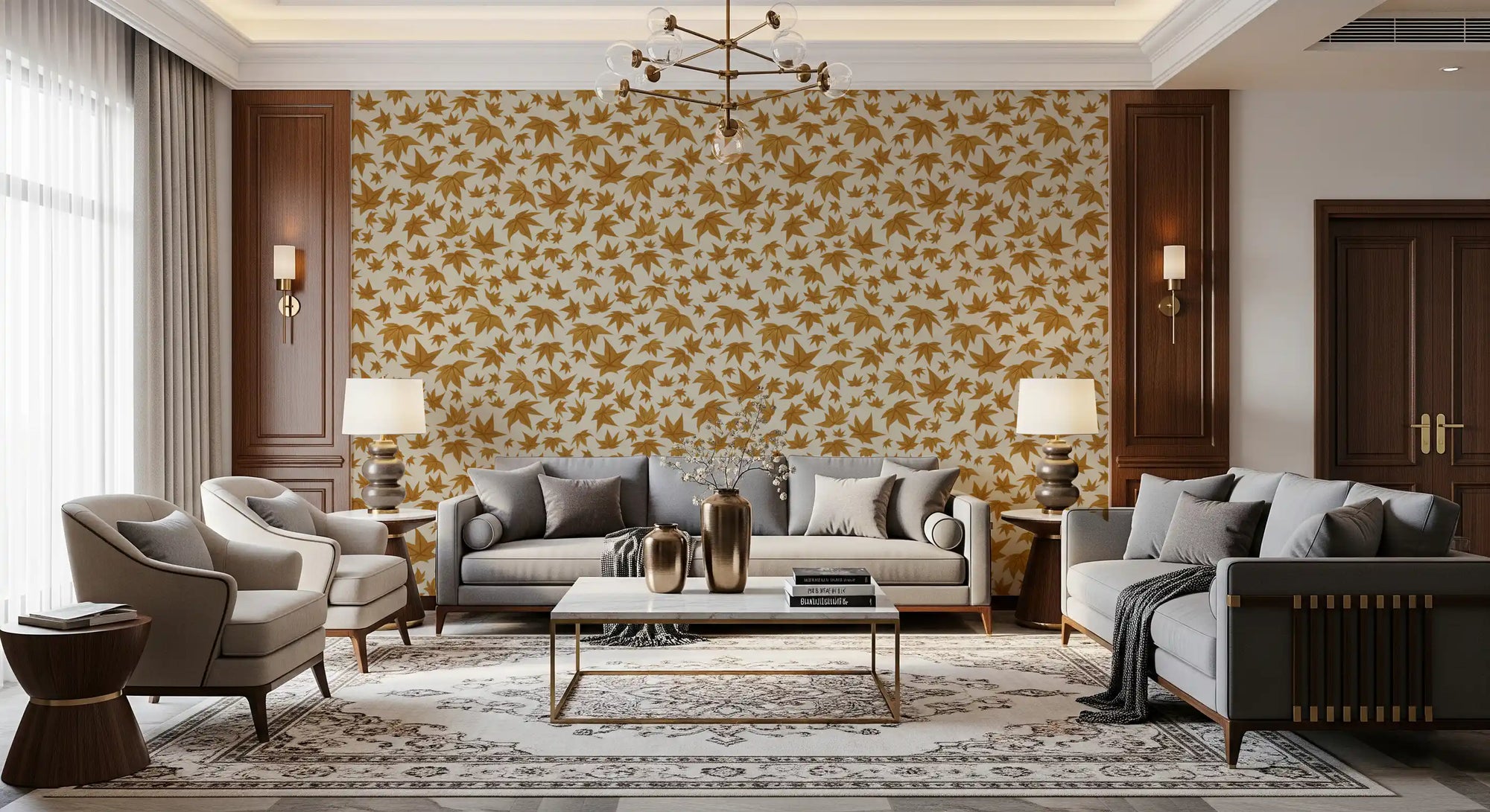 Mustard maple leaves on a cream wallpaper in living room GD11350