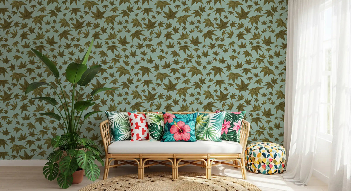 Olive green maple leaves on a pale blue wallpaper in hallway GD11352