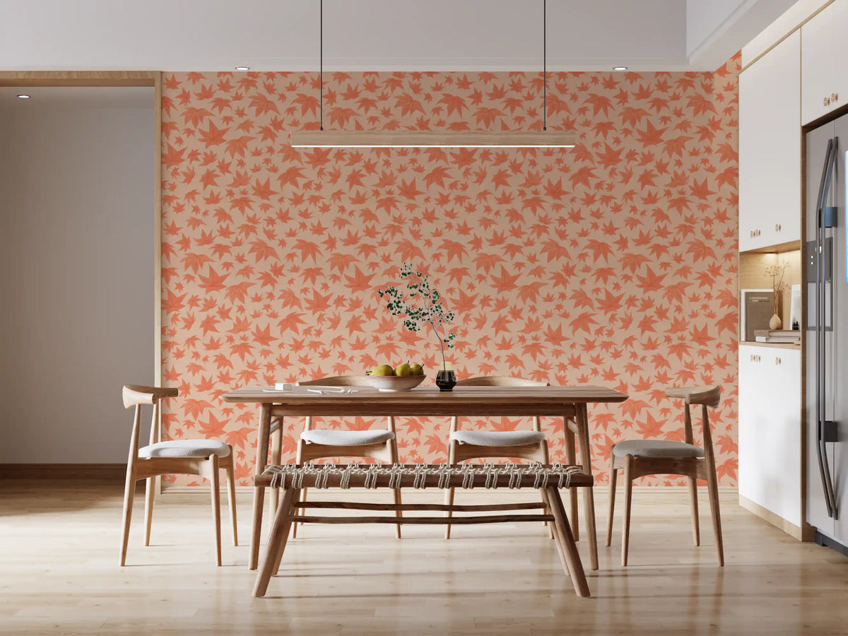 Coral maple leaves on a soft peach wallpaper GD11353