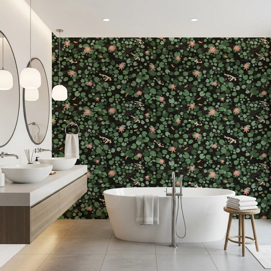 Green lily pads and pink water lilies on a dark pond wallpaper in bathroom GD11354