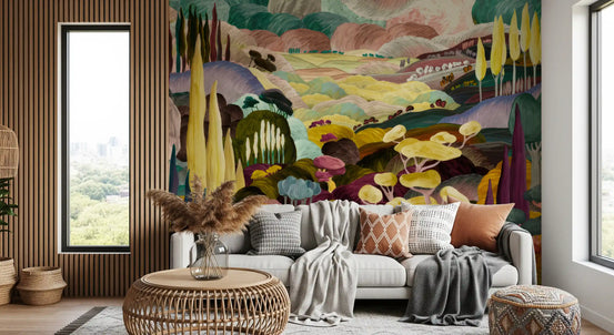 Tonal landscape mural with stylised trees in magenta, yellow and teal GD11356
