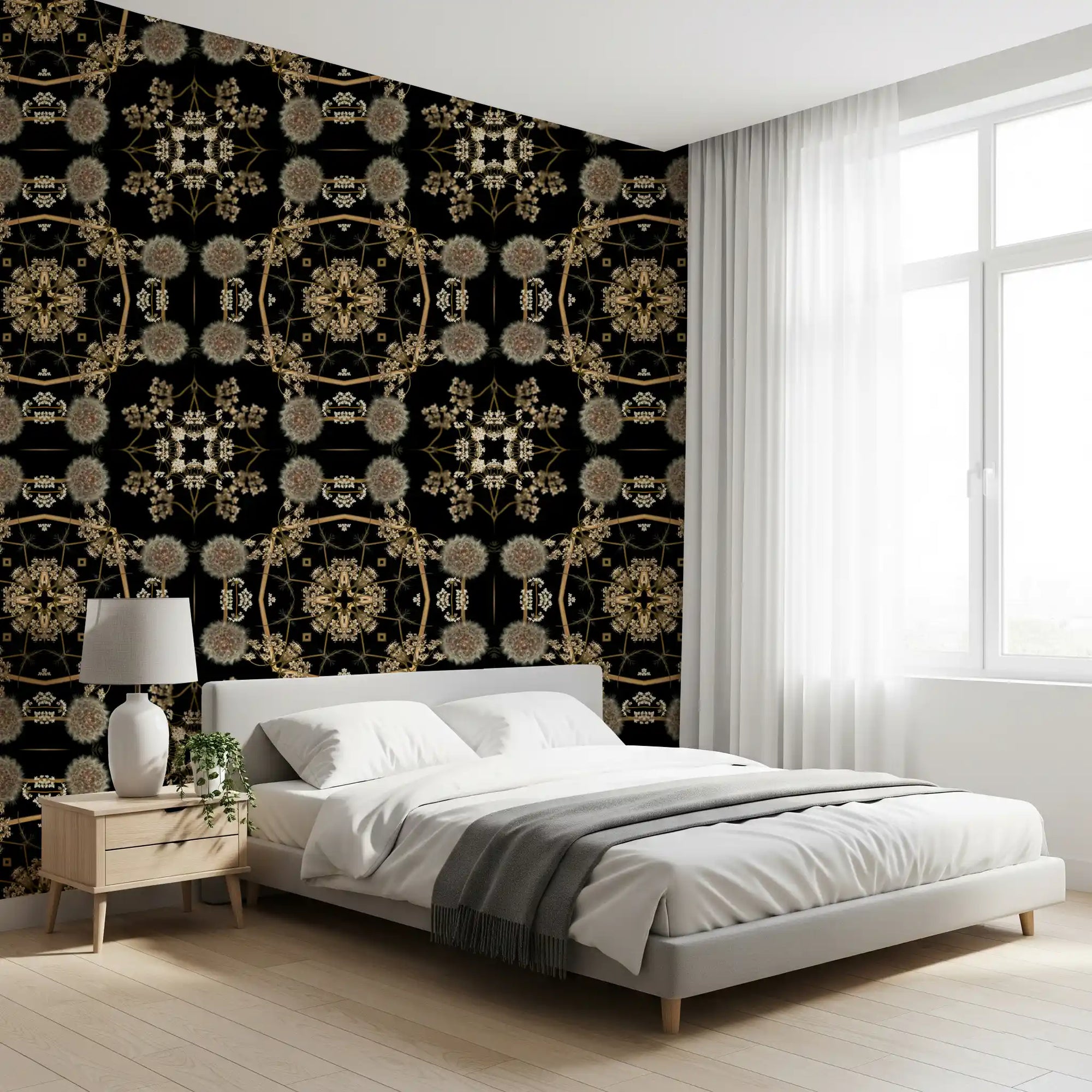 Dandelion mandala wallpaper with pale seed heads and gold florals in bedroom GD11358