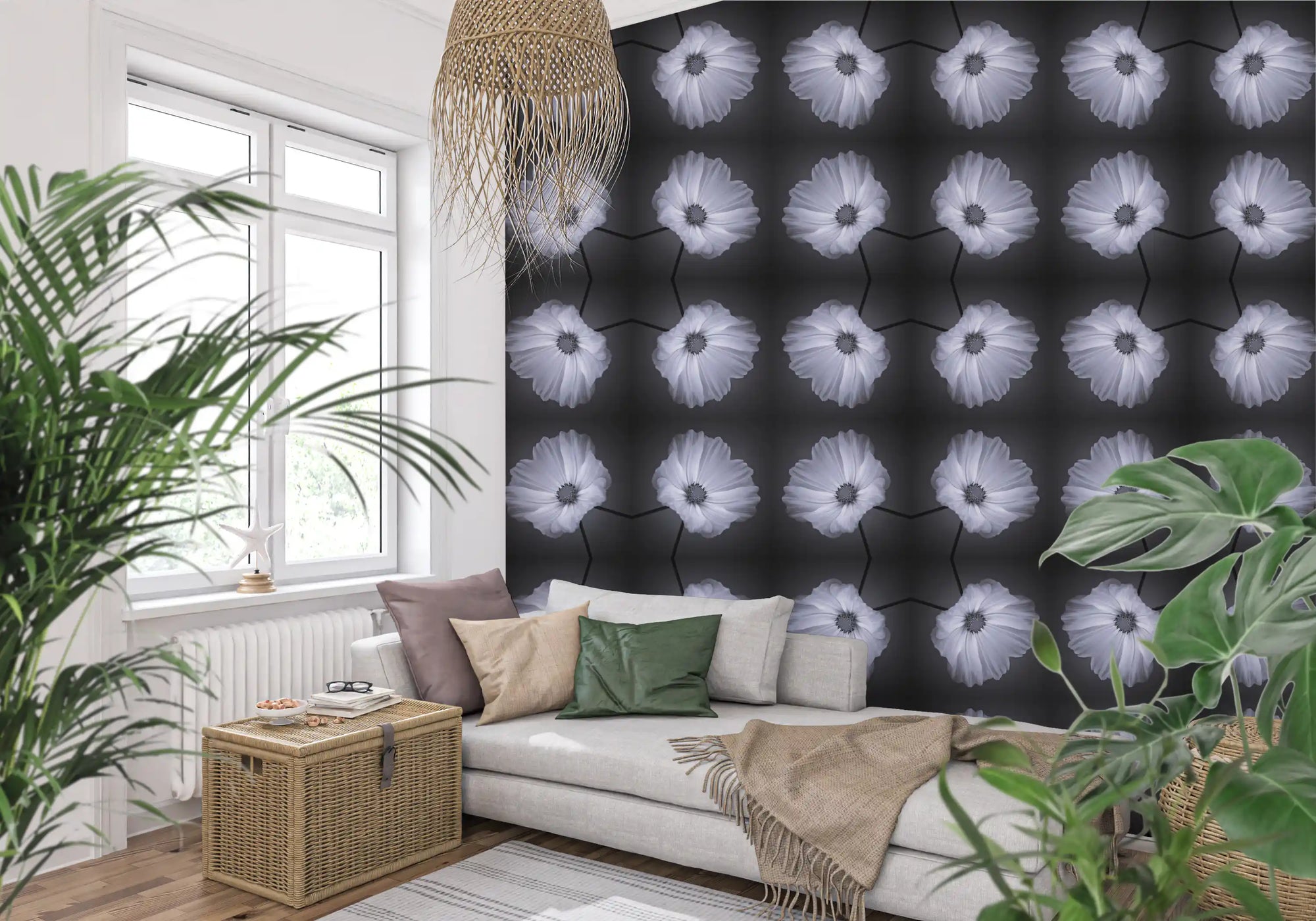 Monochrome botanical wallpaper with four white cosmos flowers in soft greys GD11359