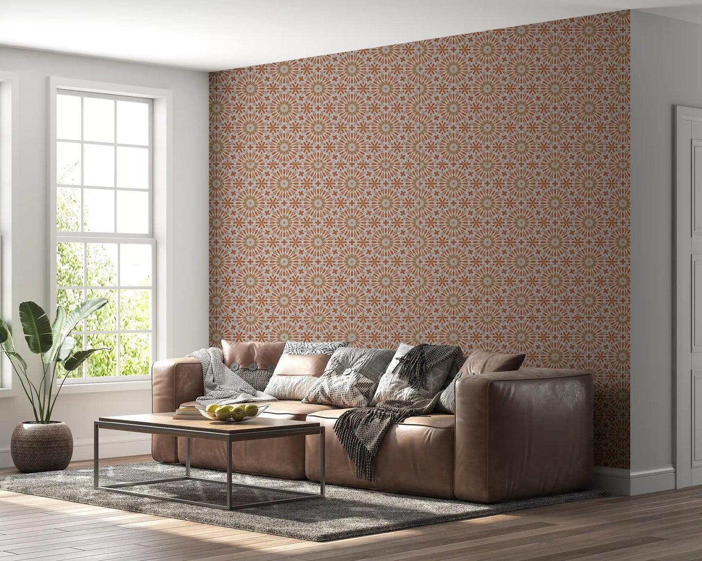 Terracotta Geometric Starburst Tile Pattern Wallpaper⁠