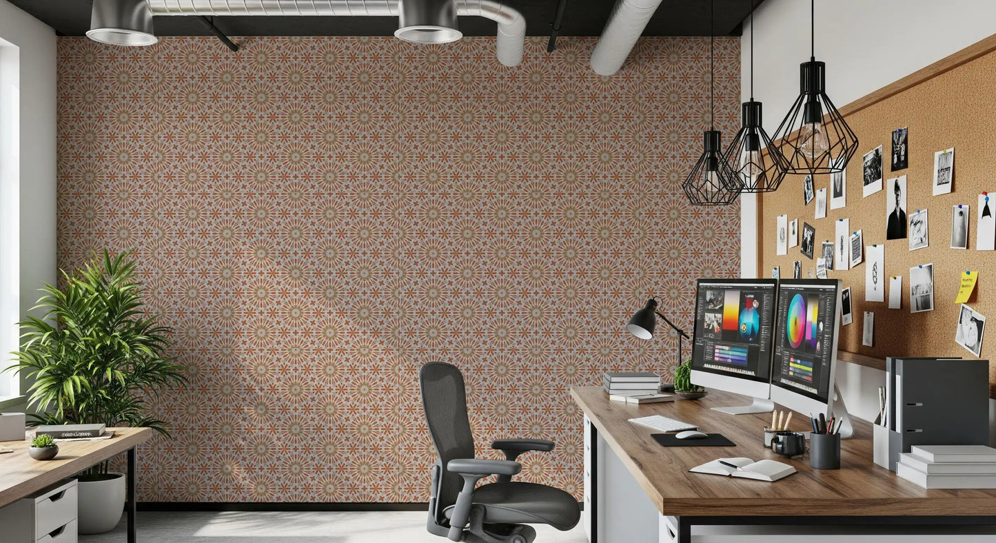 Terracotta Geometric Starburst Tile Pattern Wallpaper⁠