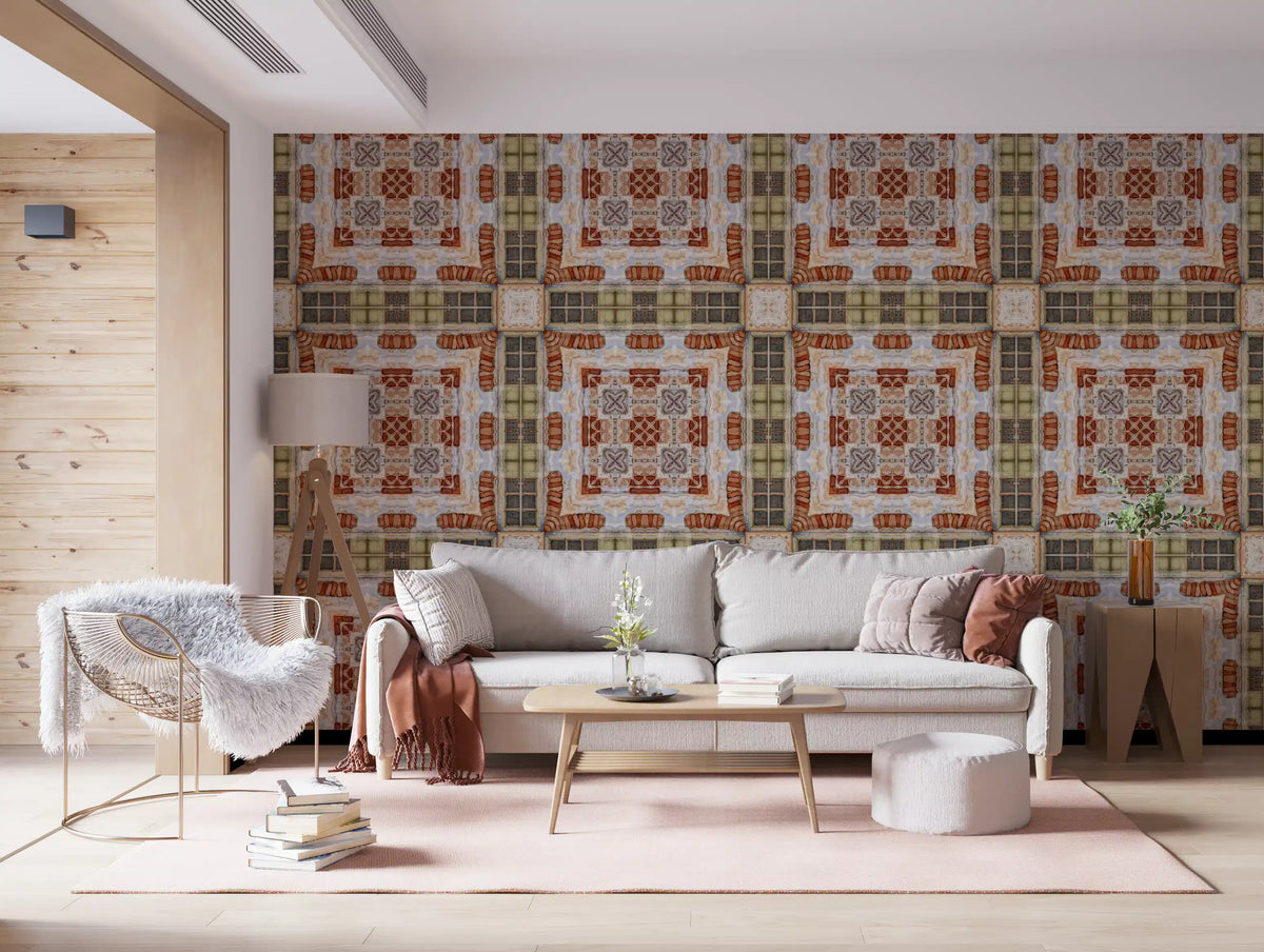 Rustic brickwork mosaic wallpaper with mirrored terracotta bricks GD11361