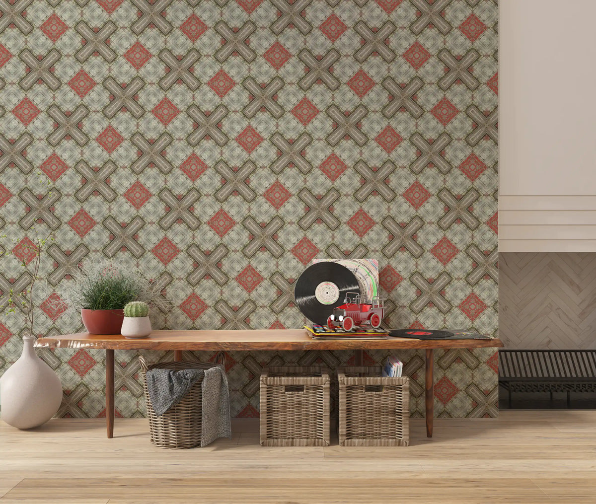 Rustic geometric weathered wood wallpaper with a repeating diamond grid GD11362