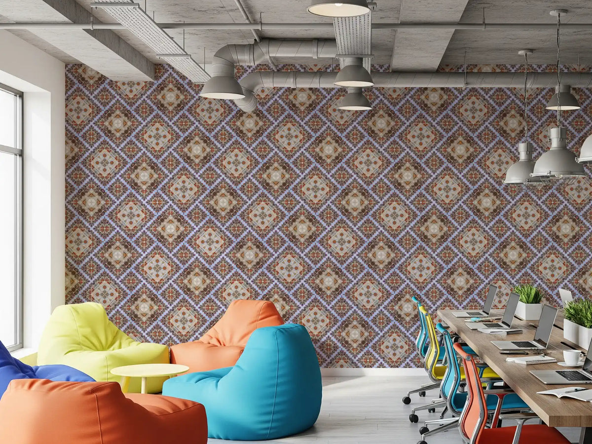 Rustic diamond lattice mosaic wallpaper on a soft periwinkle-blue ground in office GD11363