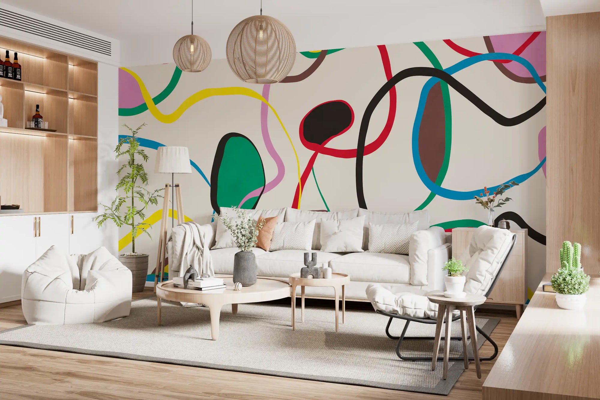 Playful scribble and shape mural with looping lines on a cream ground GD11364