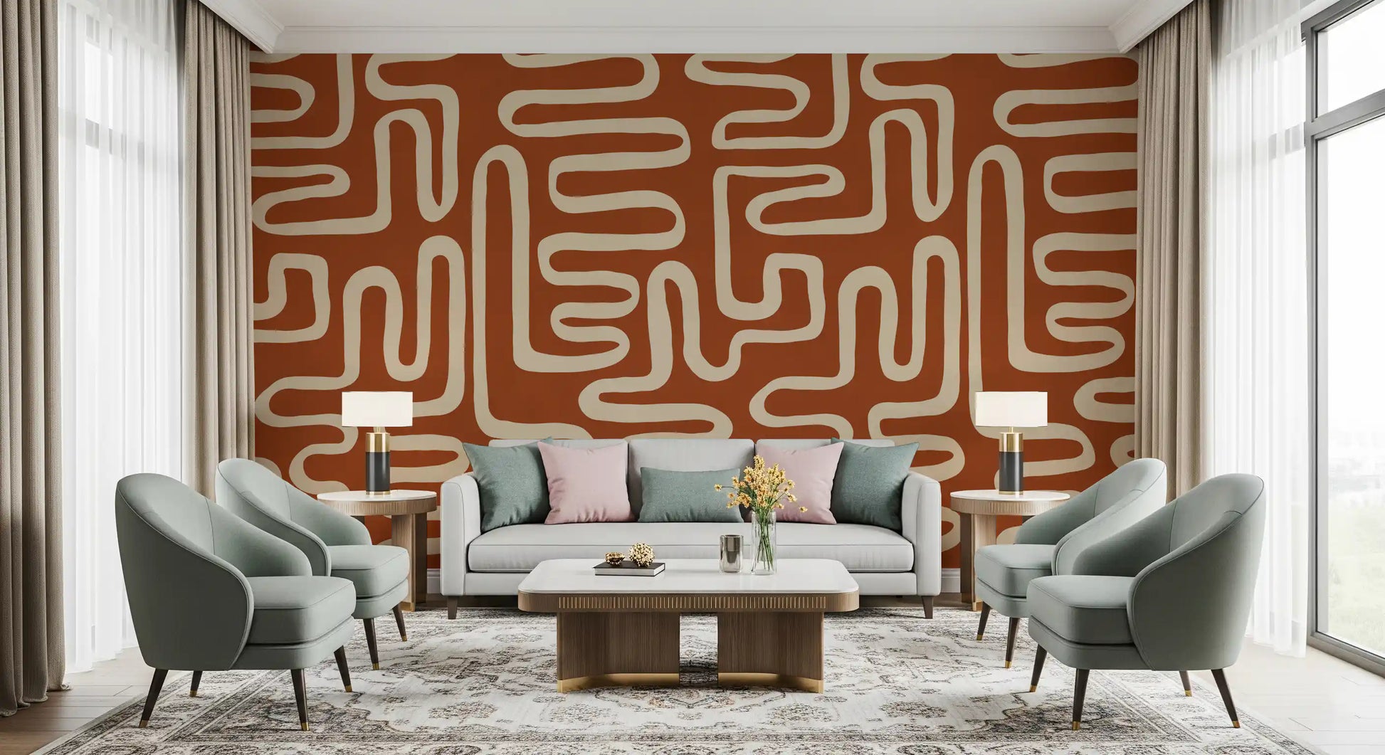 Rustic Terracotta Labyrinth Line Art Wall Mural