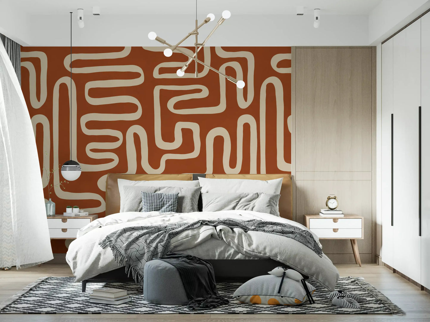 Rustic Terracotta Labyrinth Line Art Wall Mural