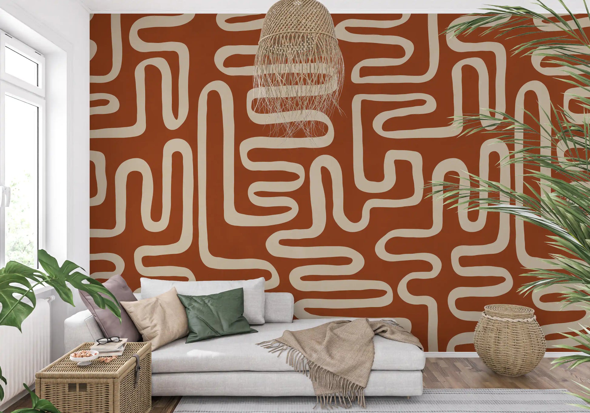 Rustic Terracotta Labyrinth Line Art Wall Mural