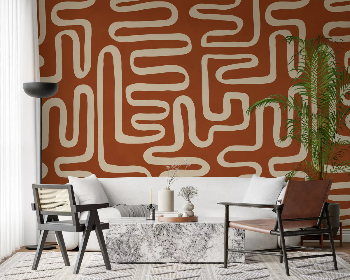 Rustic terracotta labyrinth mural with cream maze lines on rust brown GD11366