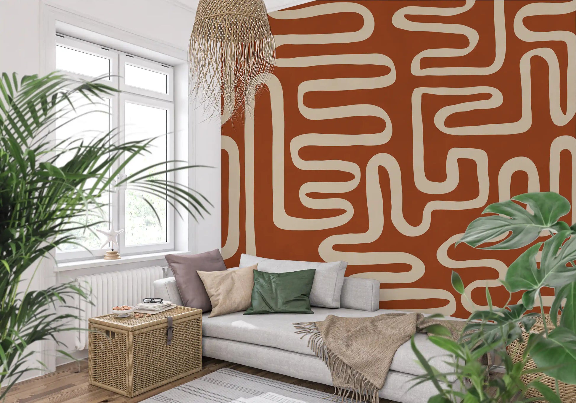 Rustic Terracotta Labyrinth Line Art Wall Mural