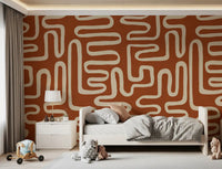 Rustic Terracotta Labyrinth Line Art Wall Mural