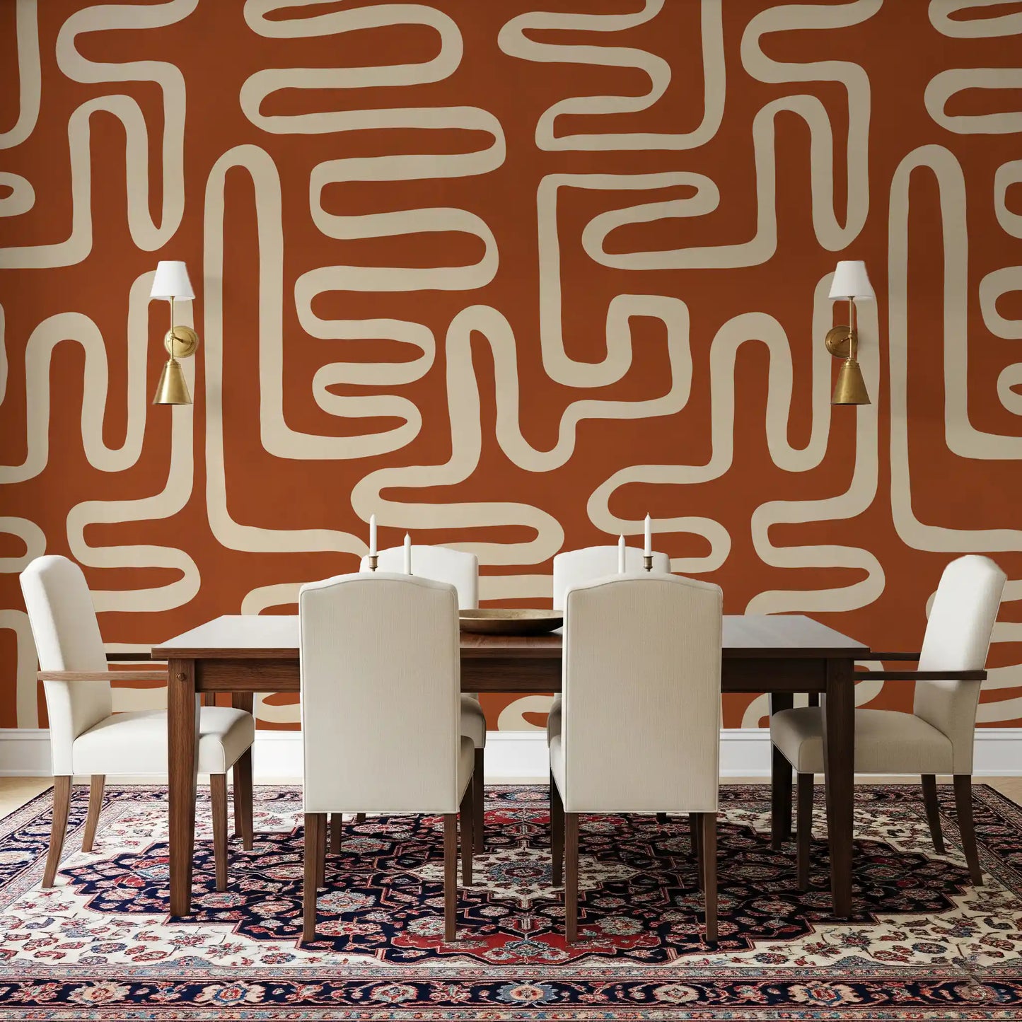 Rustic Terracotta Labyrinth Line Art Wall Mural