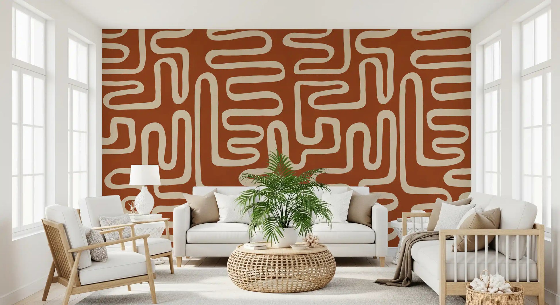 Rustic Terracotta Labyrinth Line Art Wall Mural