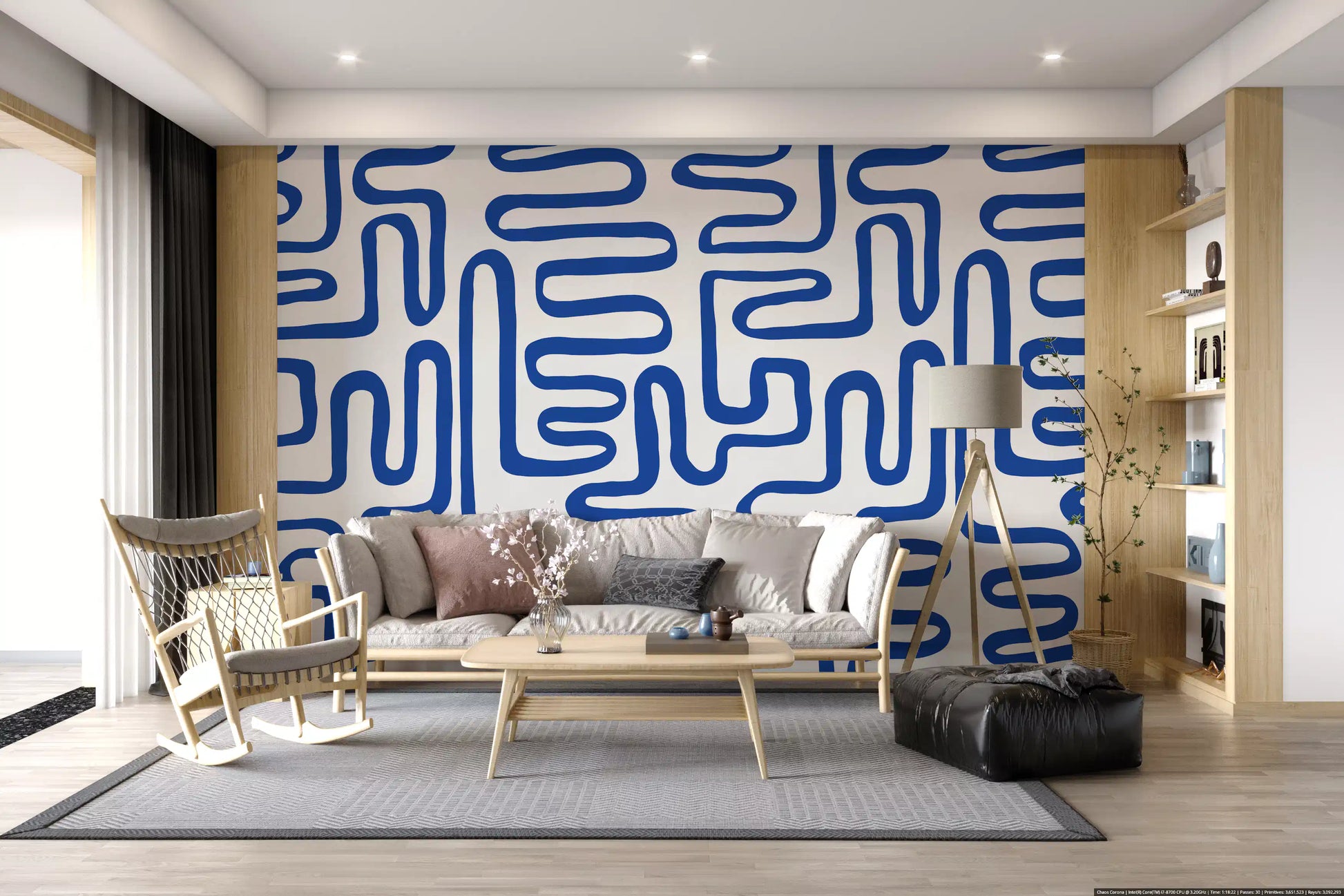Cobalt Meandering Line Abstract Wall Mural