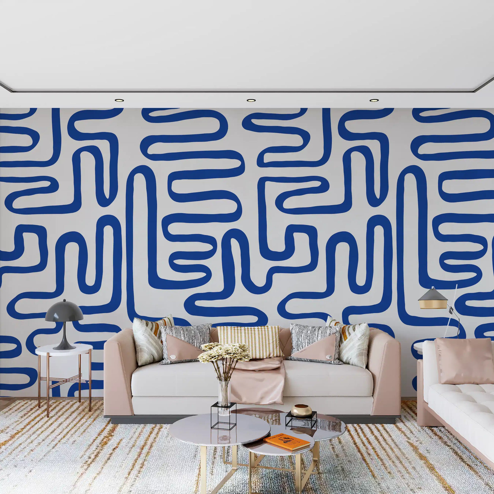 Cobalt blue meandering line abstract wall mural on ivory ground GD11367