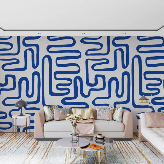 Cobalt Meandering Line Abstract Wall Mural