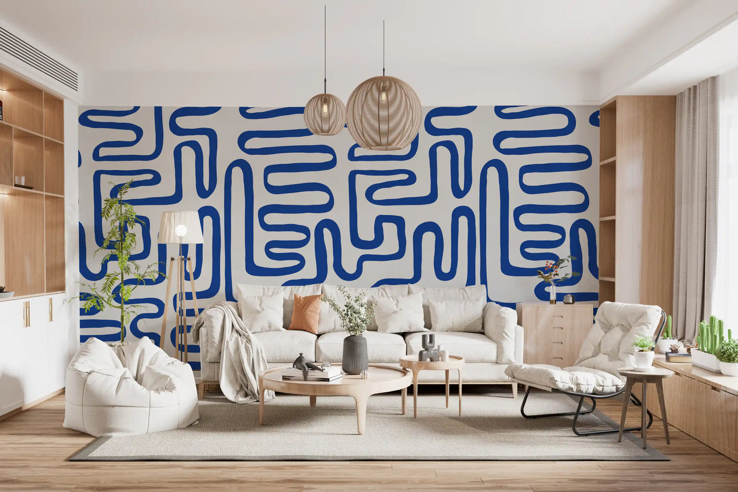 Cobalt Meandering Line Abstract Wall Mural